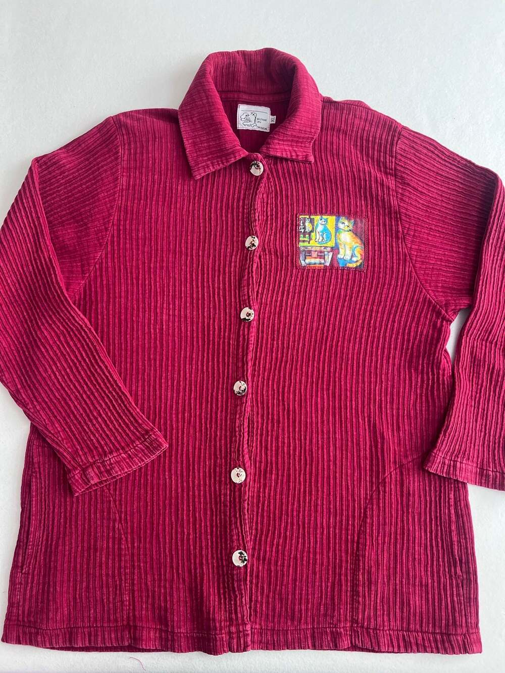 Vintage Michael Leu Cat Art Patch Ribbed Button Shirt Jacket Pink Womens XL